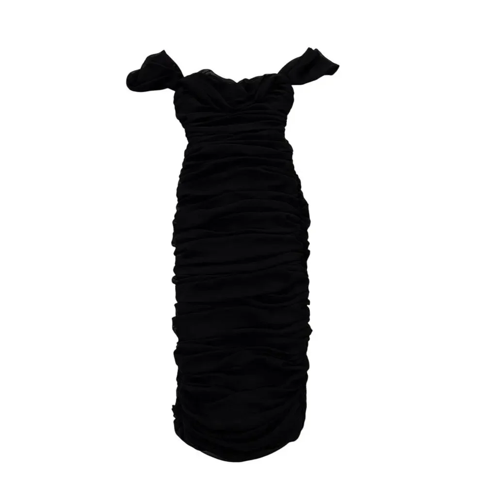 House of CB Womens Small Black Carlotta Dress Ruched Bodycon Off the Shoulder